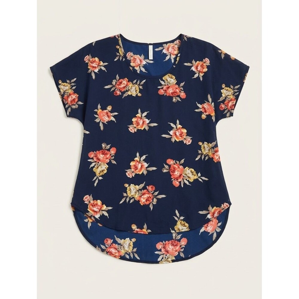LIVE 4 TRUTH Womens Large Floral Blouse Navy Blue High Low Short Sleeve Top L